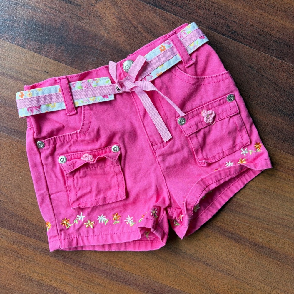 Gloria Vanderbilt Baby Girl Pink Floral Embroidered Cargo Shorts 12M Ribbon Belt